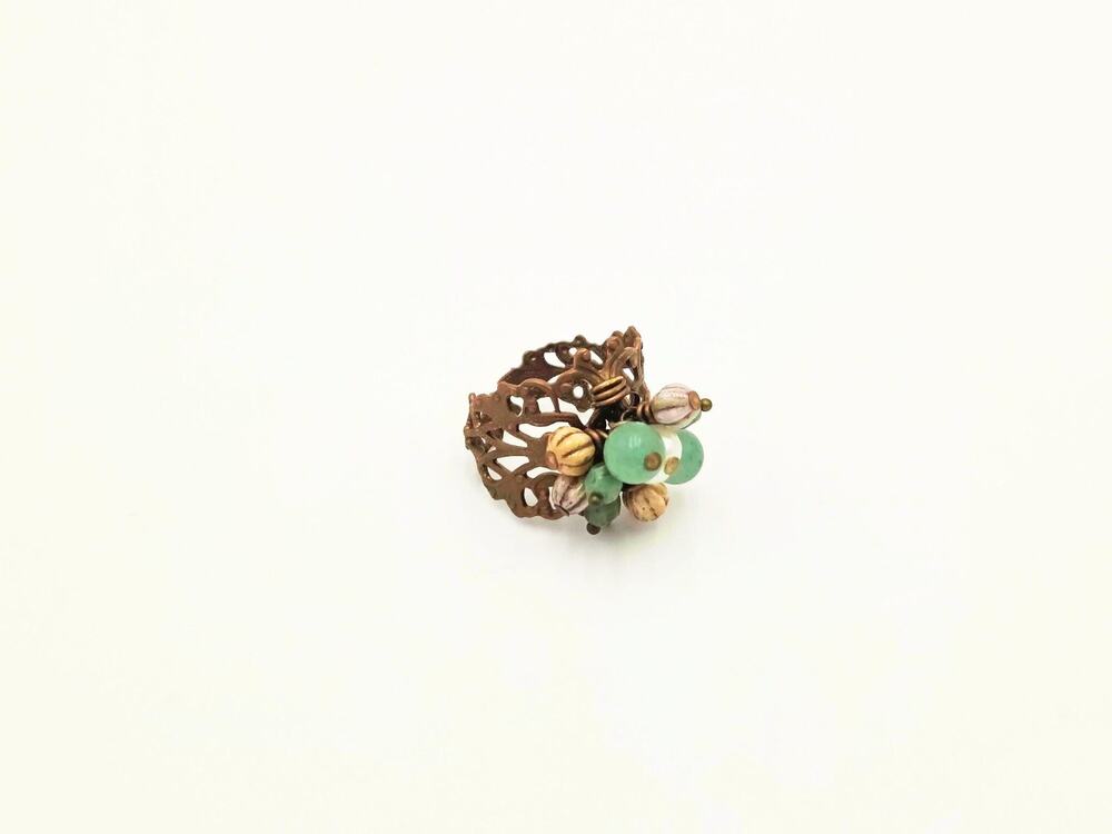 Adjustable Beaded Cluster Ring - Green Aventurine Bronze Boho Jewelry